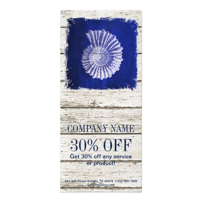 beach chic drift wood nautical blue seashells rack card (Front)