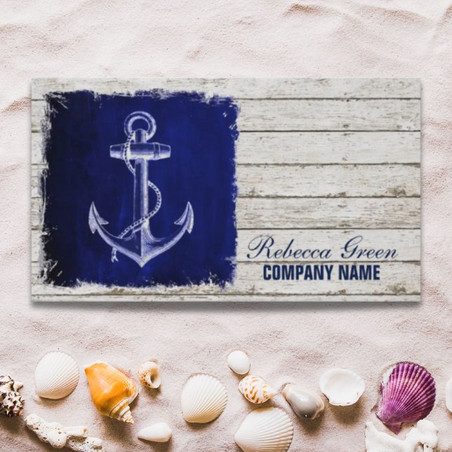 beach chic wood nautical navy blue anchor business card (beach chic wood nautical navy blue anchor business card)
