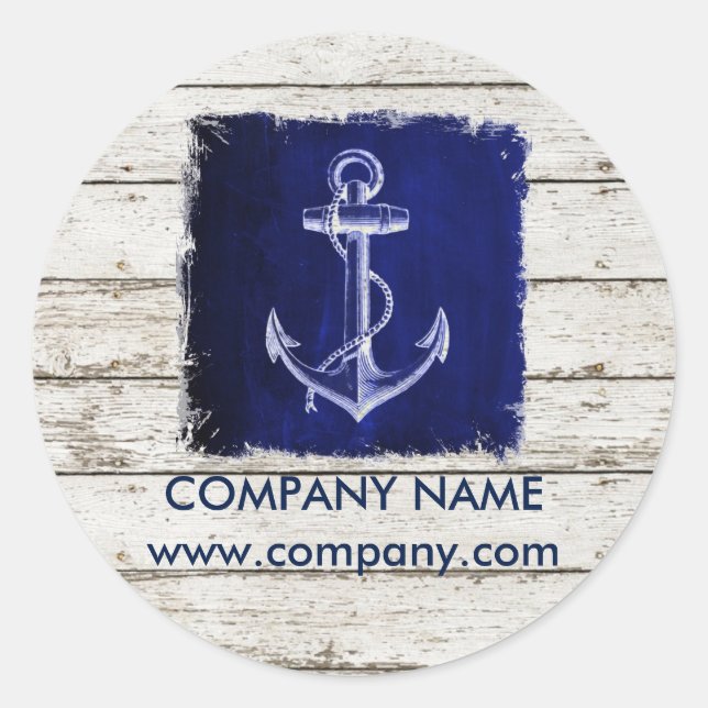 beach chic wood nautical navy blue anchor classic round sticker (Front)