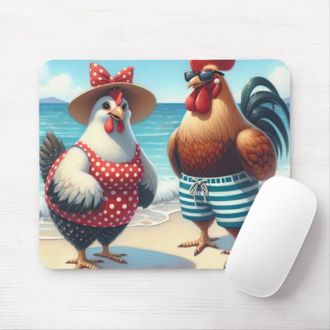 Beach Chickens Wearing Swimsuits Mouse Mat (With Mouse)