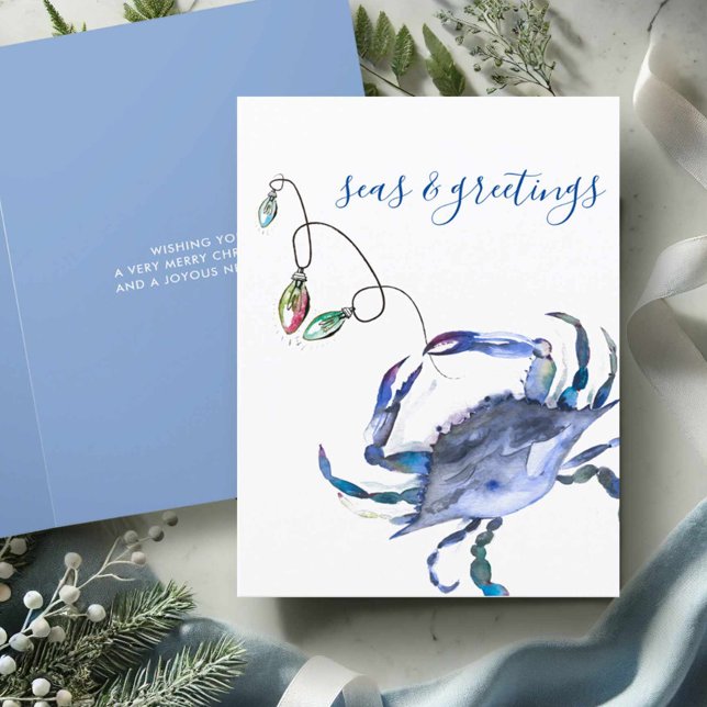 Beach Christmas Cards Blue Watercolor Crab (Watercolor Christmas cards beach theme blue crab art by Victoria Grigaliunas of Do Tell A Belle)