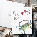 Beach Christmas Cards Coastal Watercolor Crab<br><div class="desc">These beach Christmas cards feature a charming watercolor crab with holiday lights in shades of red, green, blue and turquoise on a crisp white background. The words Seas and Greetings are set in a cute red type. The card opens to reveal a solid berry red colour with your custom greeting...</div>
