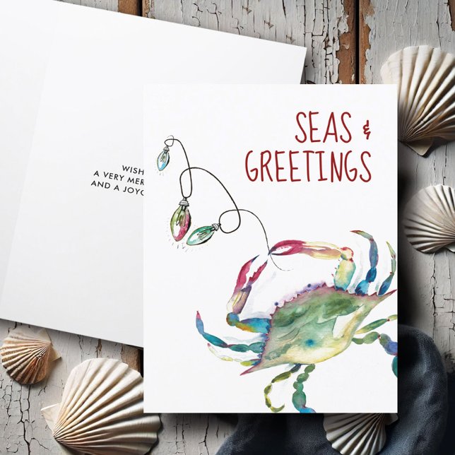 Beach Christmas Cards Coastal Watercolor Crab (Beach Christmas cards watercolor crab art by Victoria Grigaliunas of Do Tell A Belle)