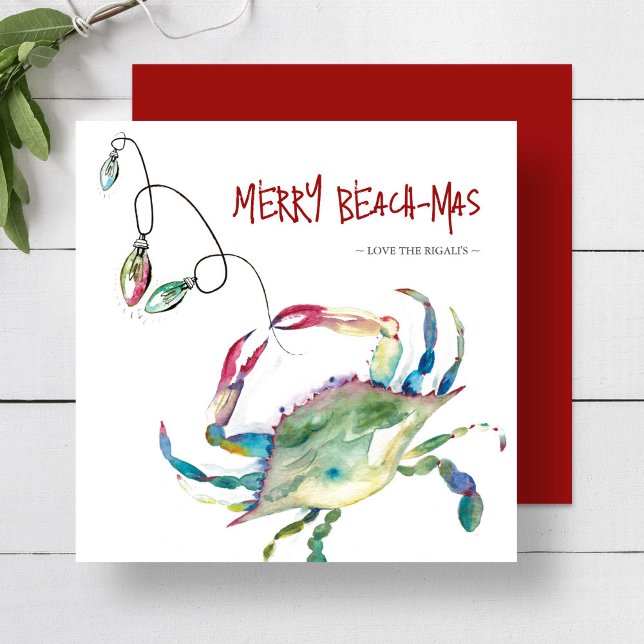 Beach Christmas Cards Watercolor Blue Crab  (Beach Christmas cards Merry Beach-mas watercolor blue crab Victoria Grigaliunas of Do Tell A Belle)