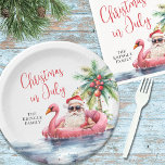 Beach Christmas In July Paper Plate<br><div class="desc">Celebrate the season with this festive and playful paper plate design, perfect for a sunny Christmas in July gathering. It features a laid-back Santa Claus in sunglasses relaxing in a pink flamingo floaty, surrounded by ocean waves and tropical touches—bringing a fun, beachy vibe to your celebration. "Christmas In July" is...</div>