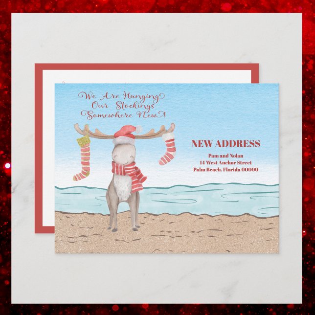 Beach Christmas Moose Moved Holiday Moving Announcement Postcard (New Address card - Moving announcement - Fun and cute Christmas Moose Beach Scene)
