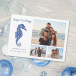 Beach Christmas Navy Blue Seahorse 3 Photo  Holiday Card<br><div class="desc">This coastal themed 3 photo Christmas card features a cute navy blue glitter seahorse, with Seas n' Greetings script. The back has a festive holiday coastal pattern of glitter seahorses, shells, and holly sprigs. Check out the collection for matching products and other colorways, or message me through Zazzle Chat if...</div>