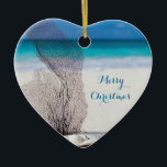 Beach Christmas Ornaments Heart Coral<br><div class="desc">Beach Christmas ornaments (heart ceramic) with coral and customisable text.</div>