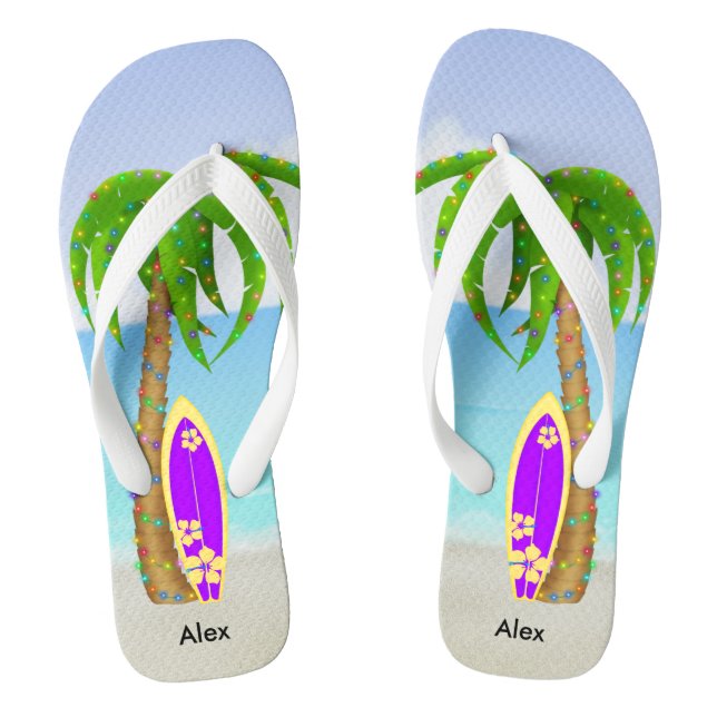Beach Christmas Palm Tree Surfboard Flip Flops (Footbed)