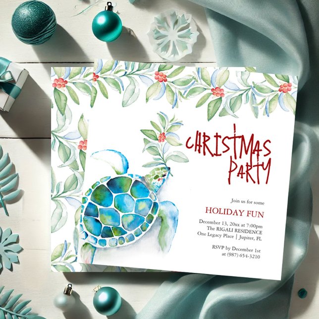 Beach Christmas Party Watercolor Sea Turtle Invitation (Sea turtle Christmas invitations watercolor art by Victoria Grigaliunas of Do Tell A Belle)