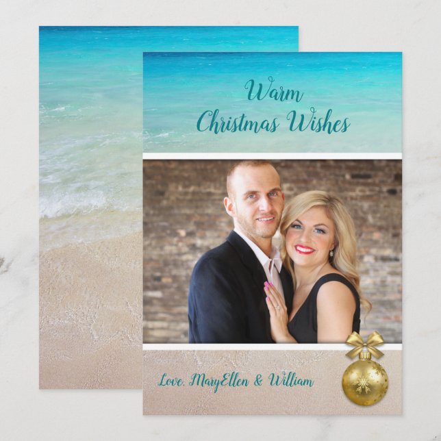 Beach Christmas Photo Template Gold Ornament Card (Front/Back)
