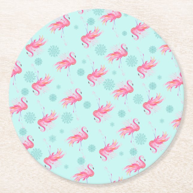 Beach Christmas Pink Flamingo Round Paper Coaster (Front)
