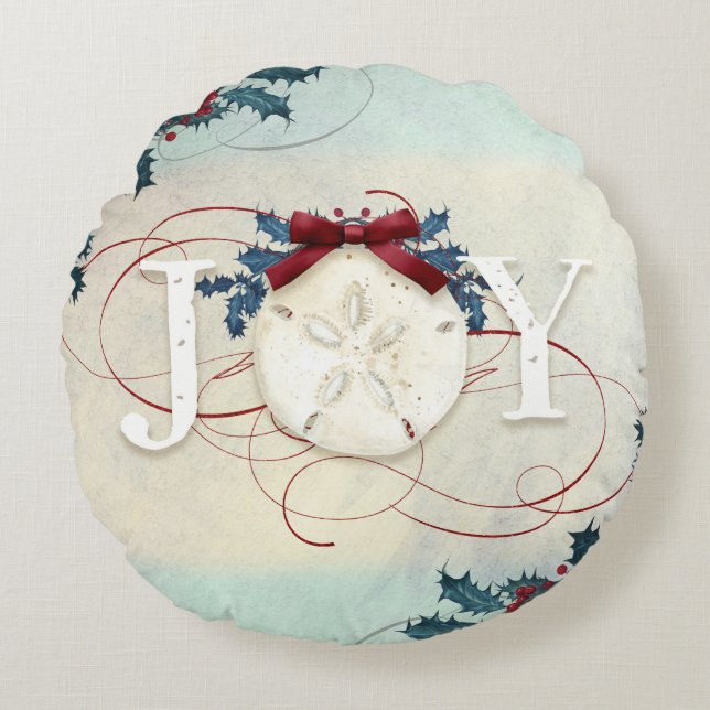 Beach Christmas Sand Dollar Joy Typography Holly Round Cushion (Front)