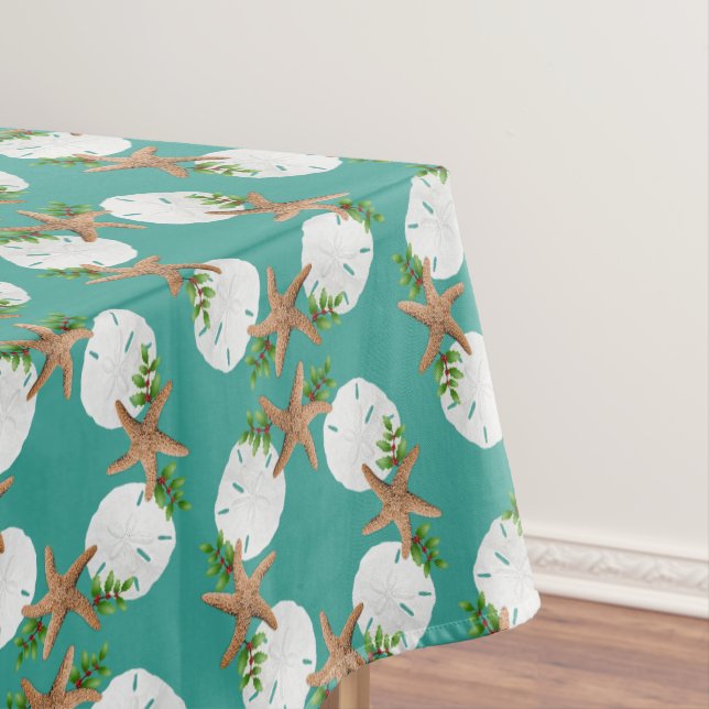 Beach Christmas Sand Dollars Starfish Wreath Tablecloth (In Situ)