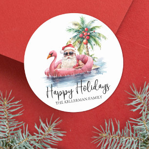 Beach Christmas Santa Happy Holidays Classic Round Sticker