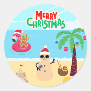 Beach Christmas Scene Classic Round Sticker
