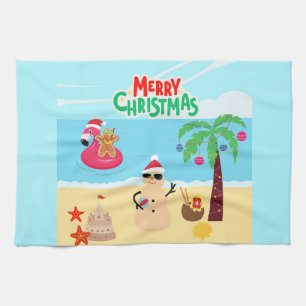 Beach Christmas Scene Tea Towel