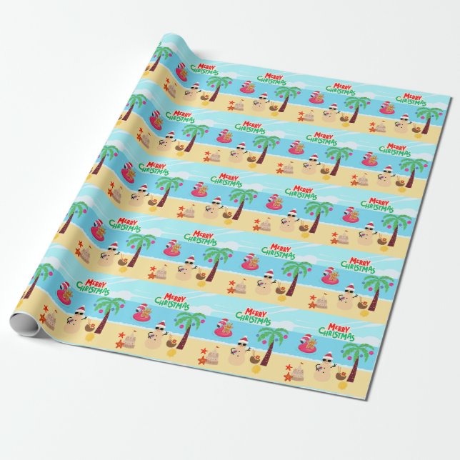 Beach Christmas Scene Wrapping Paper (Unrolled)