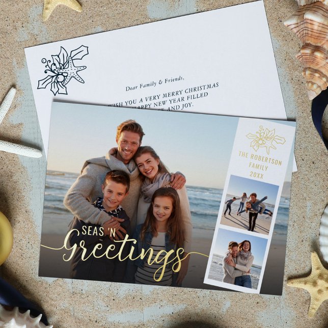 Beach Christmas Script 3 Photo Collage Gold Foil Holiday Card (Creator Uploaded)