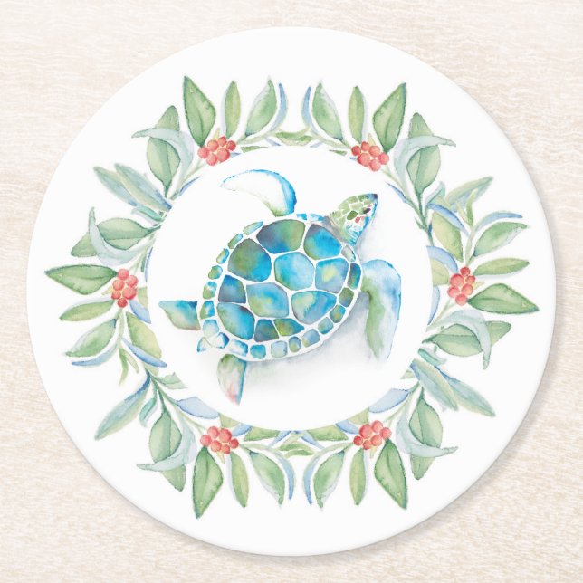 Beach Christmas Sea Turtle Round Paper Coaster (Front)