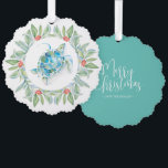 Beach Christmas Sea Turtle Tree Decoration Card<br><div class="desc">This beach Christmas ornament features a watercolor sea turtle encircled by a wreath of greenery and red berries. The ornaments reverses to feature the words "Merry Christmas" in hand lettered typography over a turquoise blue background. Use the template fields to add your custom greeting. A charming choice for gift giving...</div>