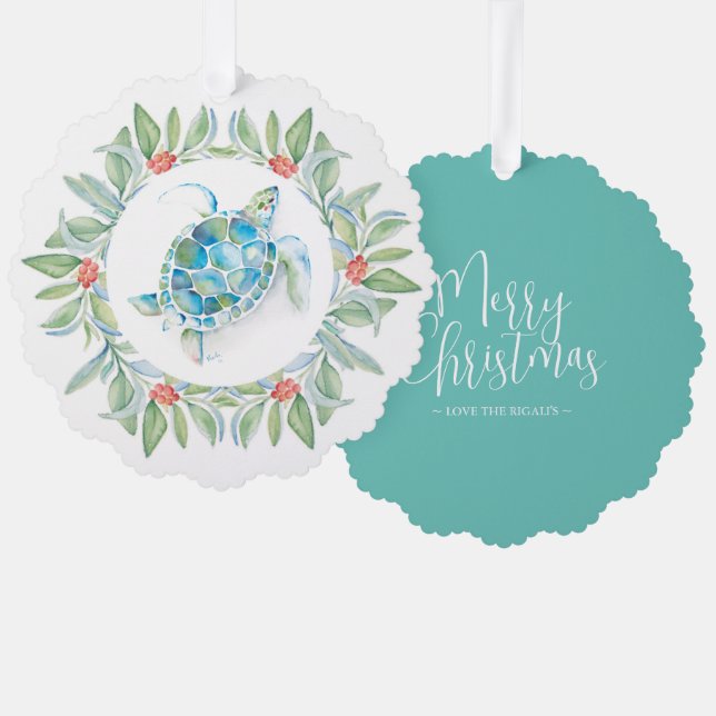 Beach Christmas Sea Turtle Tree Decoration Card (Front/Back)