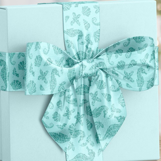 Beach Christmas Seahorse Aqua Blue Glitter  Satin Ribbon (Creator Uploaded)