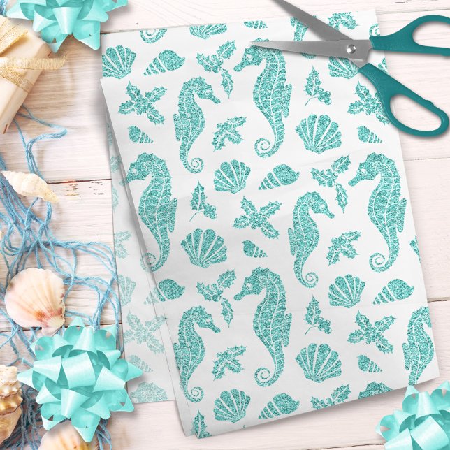 Beach Christmas Seahorse Glitter Aqua Blue White Tissue Paper (Creator Uploaded)