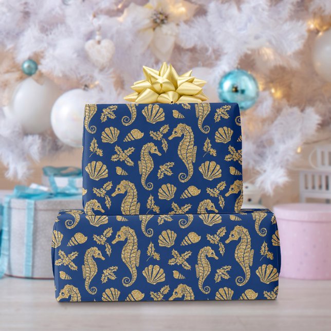 Beach Christmas Seahorse Pattern Gold Navy Blue  Wrapping Paper (Creator Uploaded)