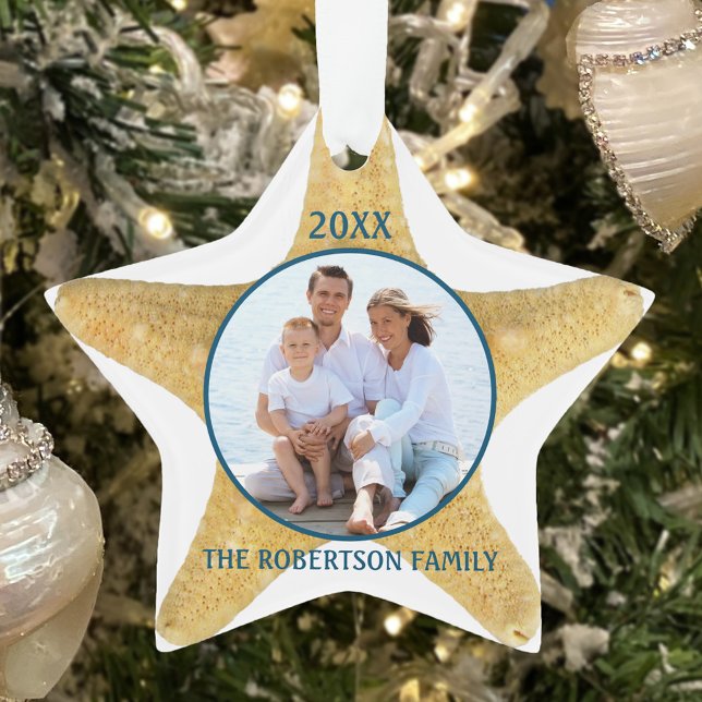 Beach Christmas Starfish Family Photo White Blue Ornament (Creator Uploaded)