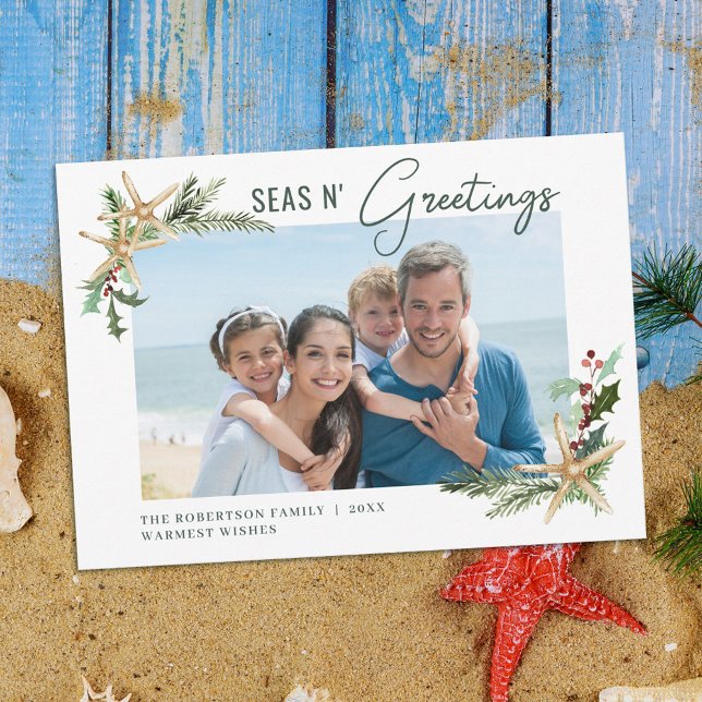 Beach Christmas Starfish Seas N Greetings Photo Holiday Card (Creator Uploaded)