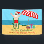 Beach Christmas Summer Santa Claus Custom Party Banner<br><div class="desc">This cute custom Christmas in July banner makes perfect summer party decor for a beach bash or pool gathering. Make it a fun north pole themed extravaganza with Santa Claus in his swimming trunks next to a red and white striped beach umbrella and gifts. I've never seen Mr. Klaus in...</div>