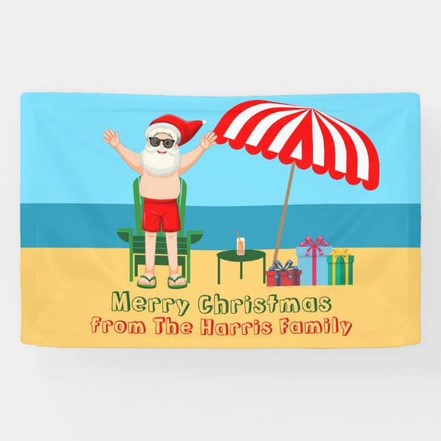 Beach Christmas Summer Santa Claus Custom Party Banner (Horizontal)