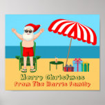 Beach Christmas Summer Santa Claus Custom Party Poster<br><div class="desc">This cute custom Christmas in July poster makes perfect summer party decor for a beach bash or pool gathering. Make it a fun north pole themed extravaganza with Santa Claus in his swimming trunks next to a red and white striped beach umbrella and gifts. I've never seen Mr. Klaus in...</div>