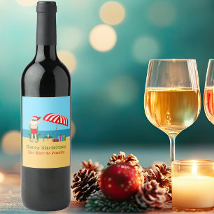 Beach Christmas Summer Santa Claus Custom Party Wine Label
