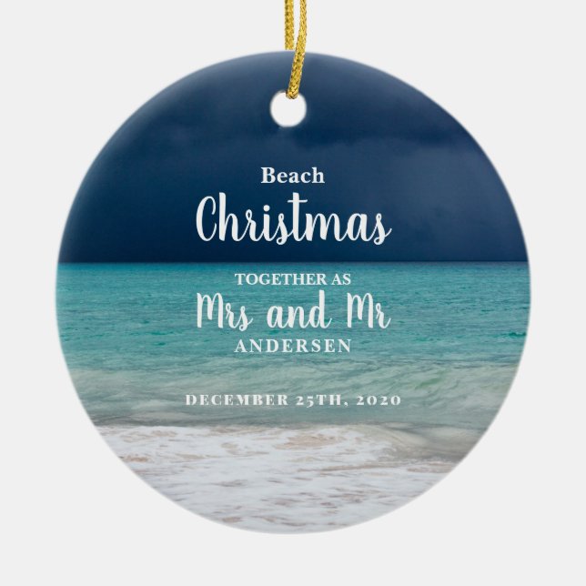 Beach Christmas together Mrs Mr Family Ceramic Tree Decoration (Front)
