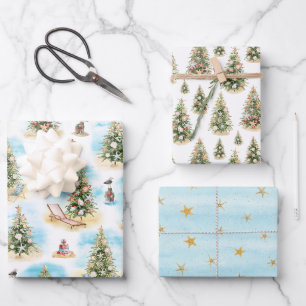 Beach Christmas Trees Ocean Wrapping Paper Sheet