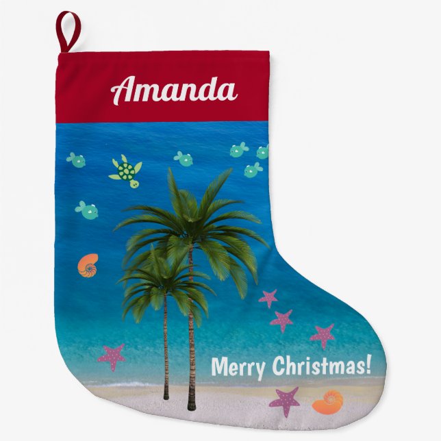 Beach Christmas Tropical Ocean Starfish Palm Trees Large Christmas Stocking (Front)