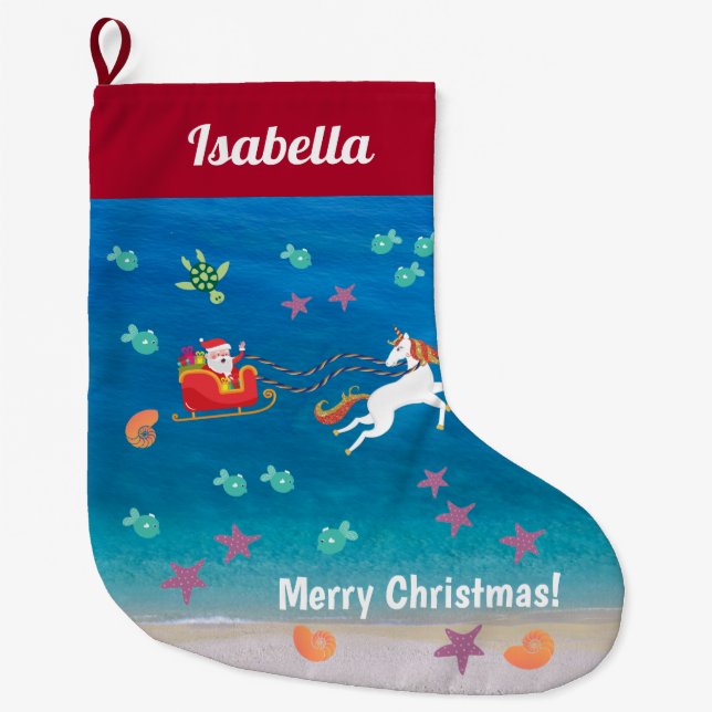 Beach Christmas Tropical Starfish Santa Unicorn Large Christmas Stocking (Front)