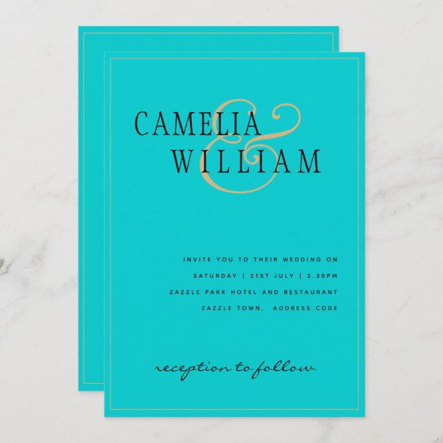 Beach Classic Turquoise Gold Wedding Invitation (Front/Back)