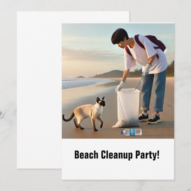 Beach Cleanup Party with Siamese   Invitation Card (Front/Back)