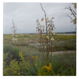 Beach Clouds and Wildflowers - Oak Island, NC Tile