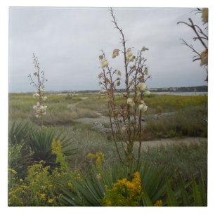 Beach Clouds and Wildflowers - Oak Island, NC Tile