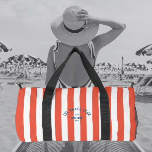 Beach Club Crest Orange Red Cabana Stripe Monogram Duffle Bag