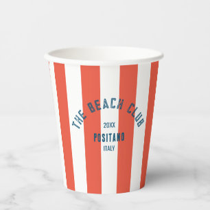 Beach Club Crest Orange Red Cabana Stripe Monogram Paper Cups