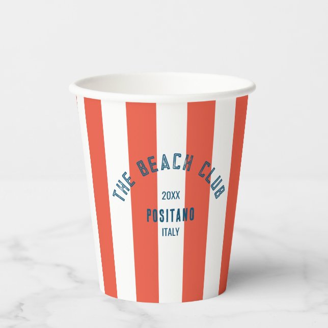 Beach Club Crest Orange Red Cabana Stripe Monogram Paper Cups (Front)