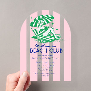 Beach Club Pink Cabana Stripe Birthday Party Acrylic Invitations