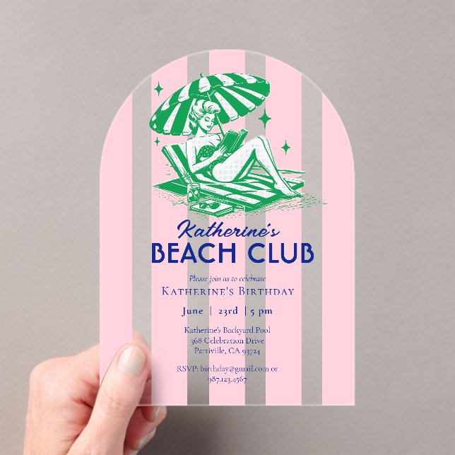 Beach Club Pink Cabana Stripe Birthday Party Acrylic Invitations (Insitu (Handheld))