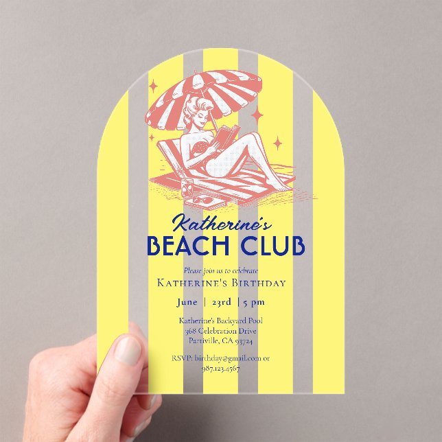Beach Club Yellow Cabana Stripe Birthday Party Acrylic Invitations (Insitu (Handheld))