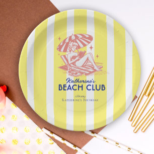 Beach Club Yellow Stripes Birthday Party Pap Paper Plate